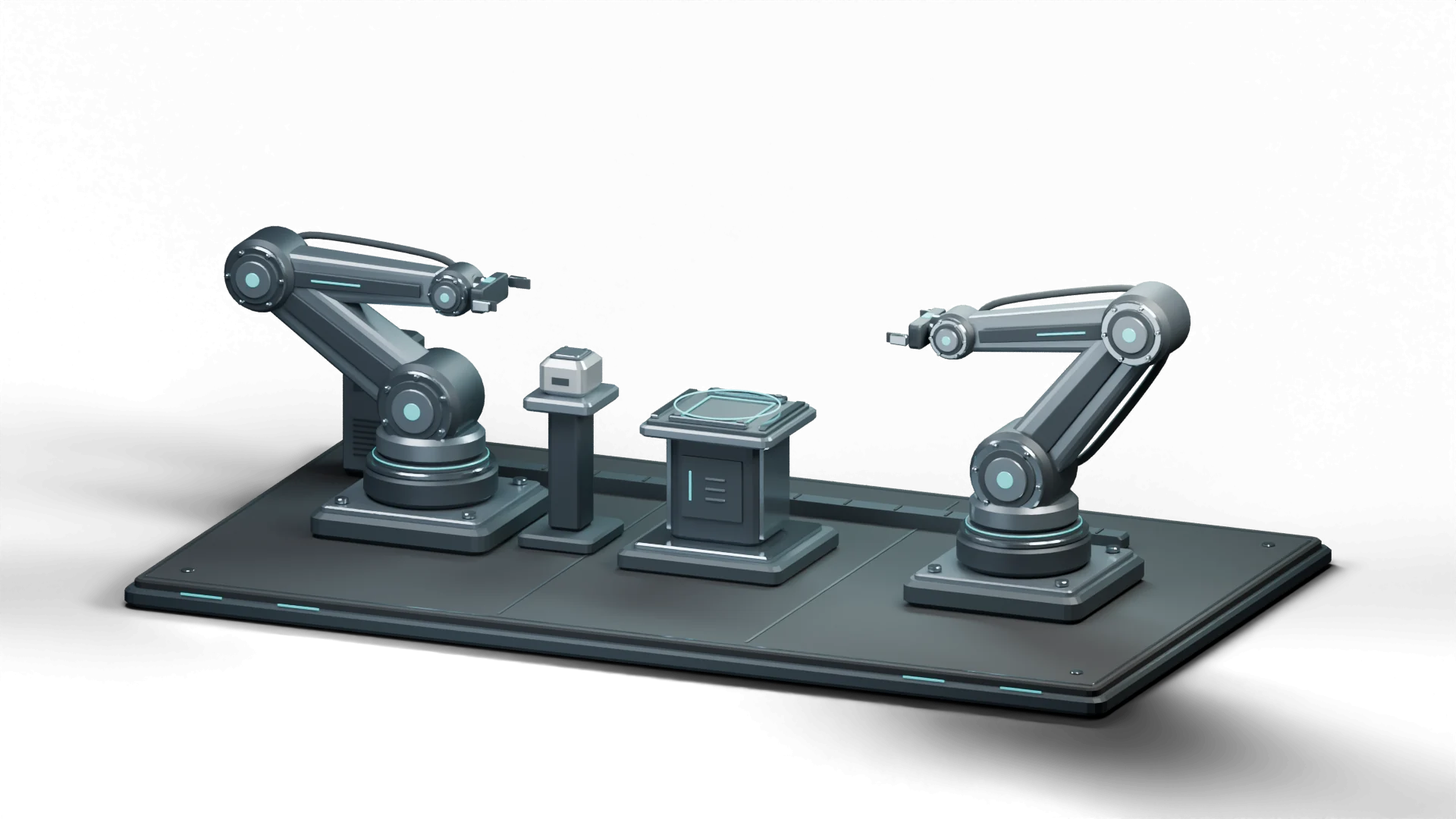 Illustrative graphite workcell: two industrial robot arms facing a workpiece in a central handoff zone. Geometry is authored; event times come from the recorded E0104 reference.