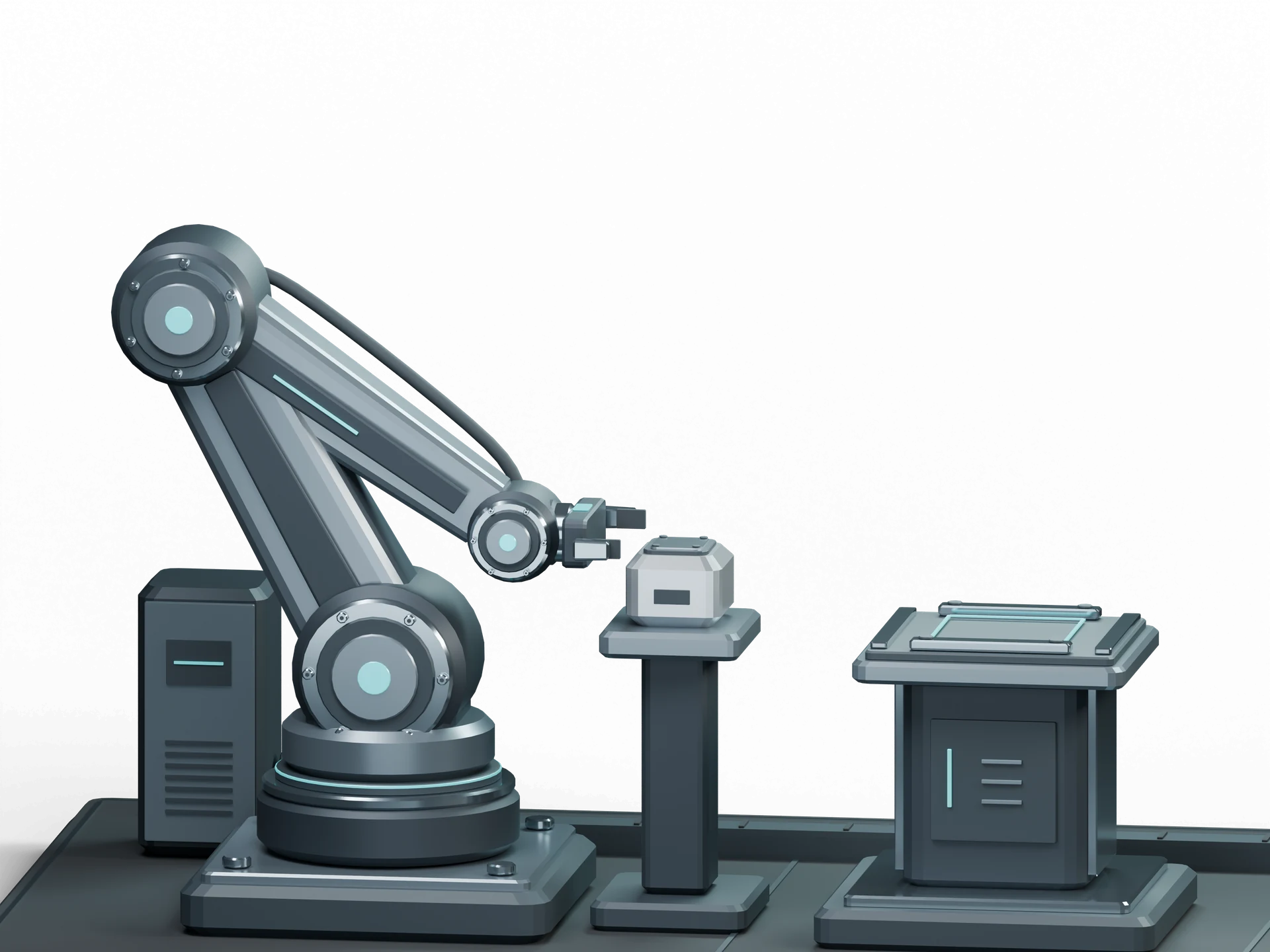 Illustrative graphite workcell: two industrial robot arms facing a workpiece in a central handoff zone. Geometry is authored; event times come from the recorded E0104 reference.